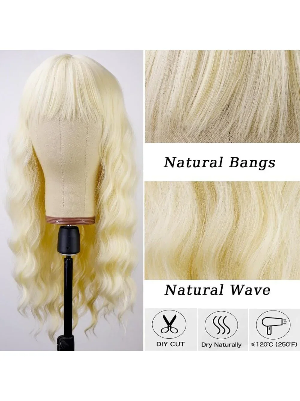 Women's Blonde 26 Inch Natural Looking Synthetic Fiber Long Wavy Wigs Bangs